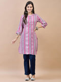Women Poly Viscose Pink Stripe Print Kurti.