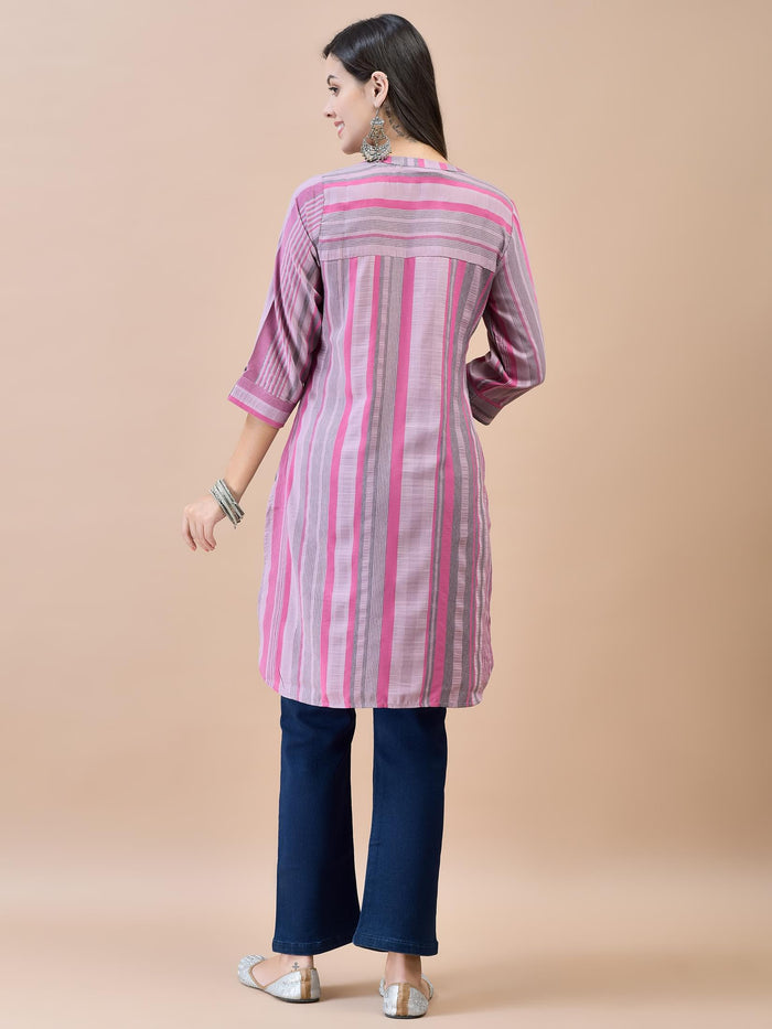 Women Poly Viscose Pink Stripe Print Kurti.
