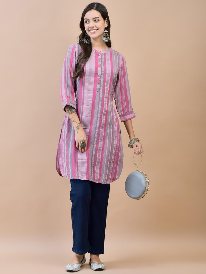 Women Poly Viscose Pink Stripe Print Kurti.