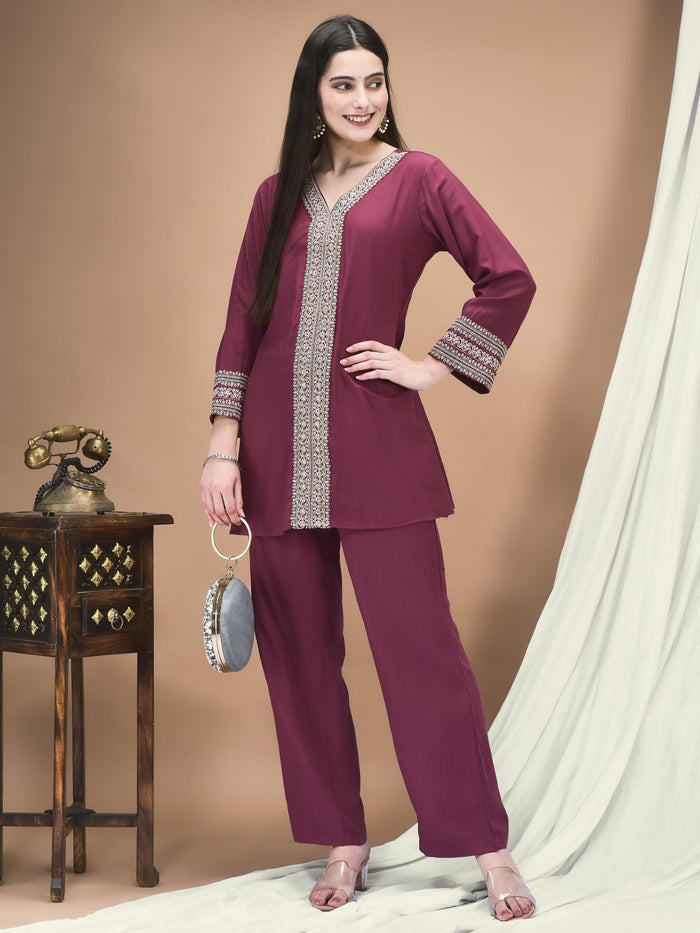 Women Poly Viscose Purple Embroidered Co-Ord Set.