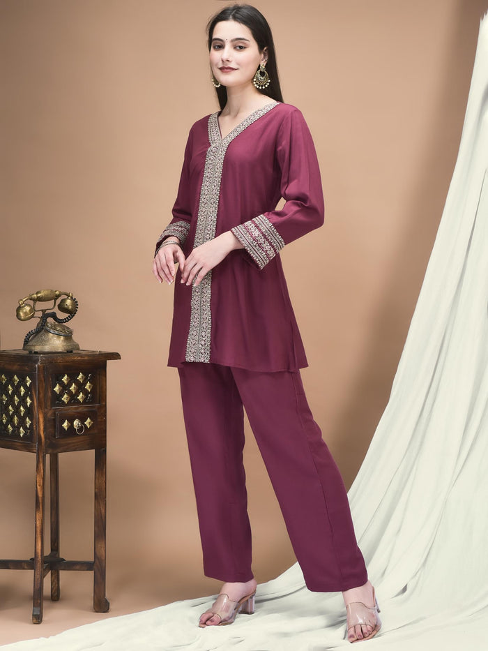 Women Poly Viscose Purple Embroidered Co-Ord Set.