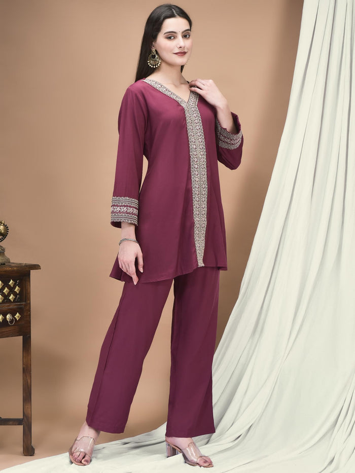 Women Poly Viscose Purple Embroidered Co-Ord Set.
