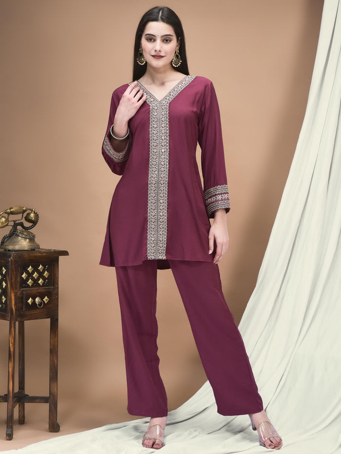 Women Poly Viscose Purple Embroidered Co-Ord Set.