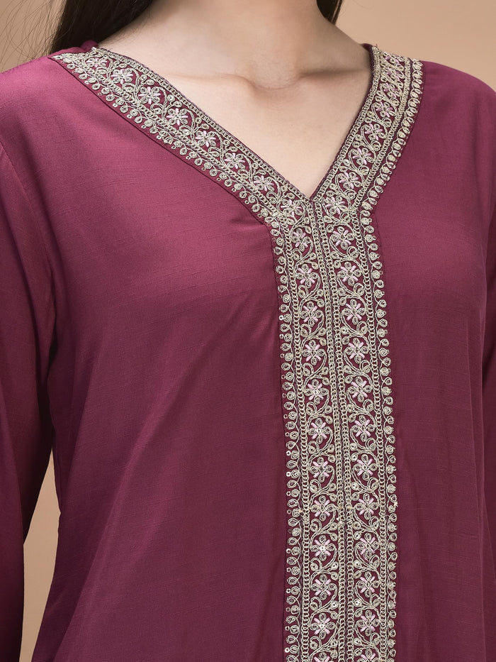 Women Poly Viscose Purple Embroidered Co-Ord Set.