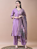 Women Poly Viscose Purple Embroidered Kurta Comfort Pant Chanderi Dupatta.