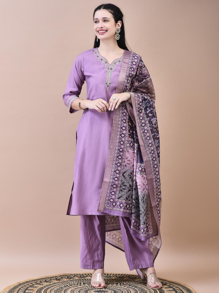 Women Poly Viscose Purple Embroidered Kurta Comfort Pant Chanderi Dupatta.