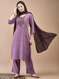 Women Poly Viscose Purple Embroidered Kurta Comfort Pant Chanderi Dupatta.
