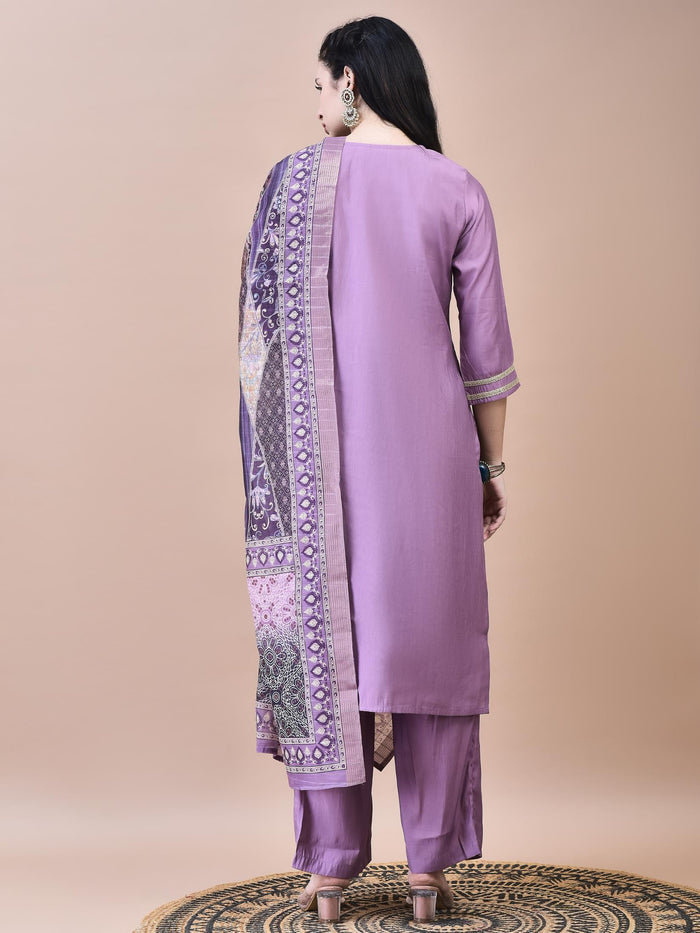 Women Poly Viscose Purple Embroidered Kurta Comfort Pant Chanderi Dupatta.