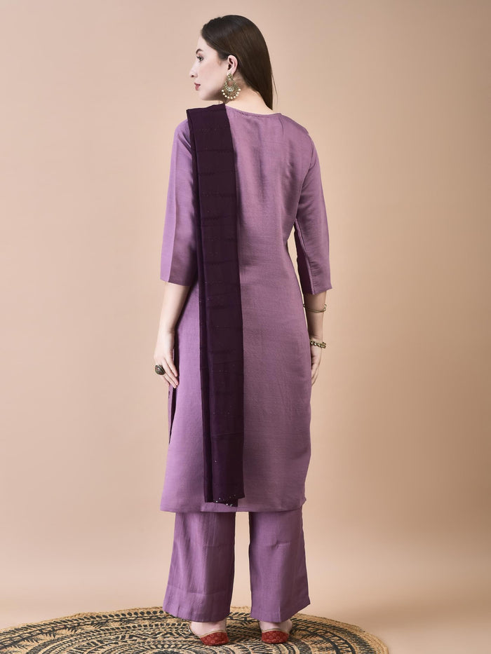 Women Poly Viscose Purple Embroidered Kurta Comfort Pant Chanderi Dupatta.