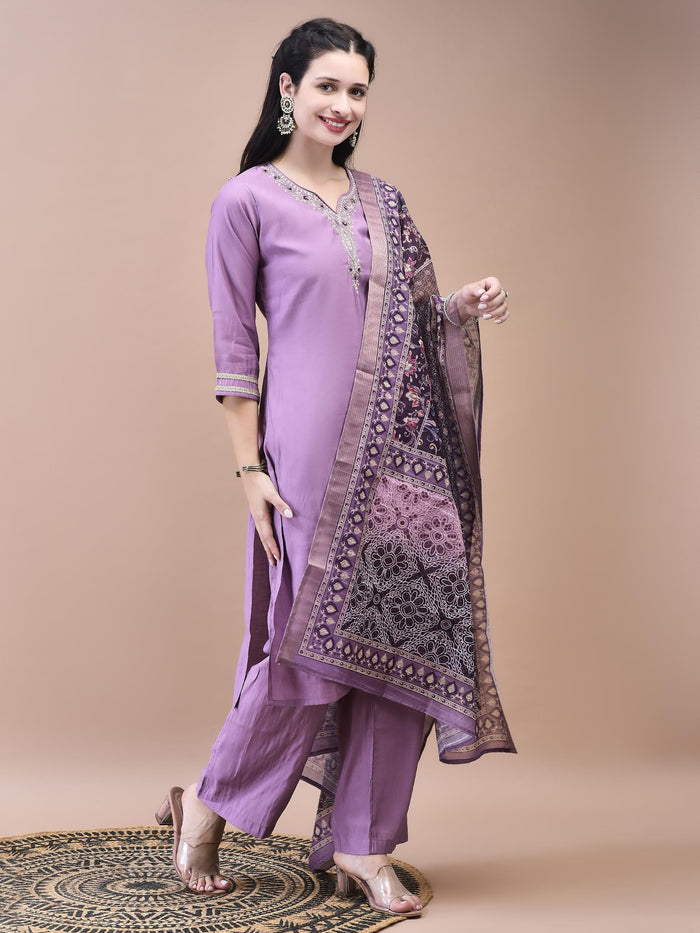 Women Poly Viscose Purple Embroidered Kurta Comfort Pant Chanderi Dupatta.
