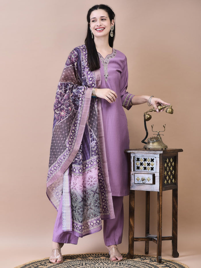 Women Poly Viscose Purple Embroidered Kurta Comfort Pant Chanderi Dupatta.