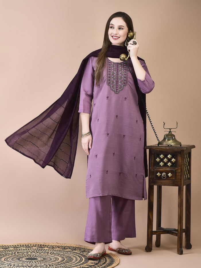 Women Poly Viscose Purple Embroidered Kurta Comfort Pant Chanderi Dupatta.