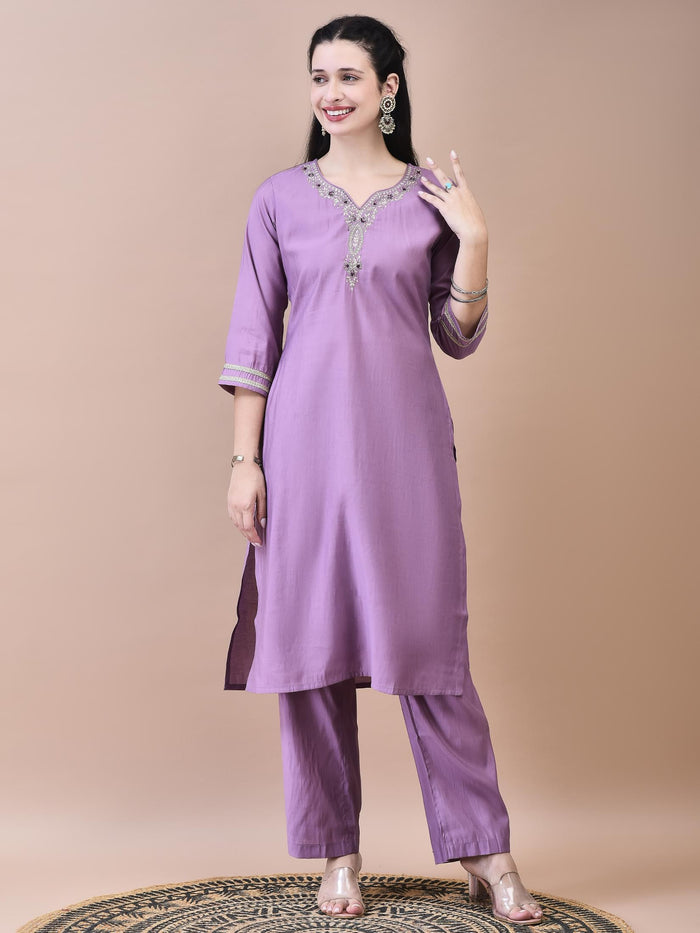 Women Poly Viscose Purple Embroidered Kurta Comfort Pant Chanderi Dupatta.