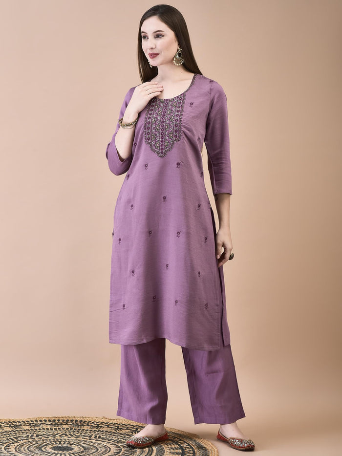 Women Poly Viscose Purple Embroidered Kurta Comfort Pant Chanderi Dupatta.