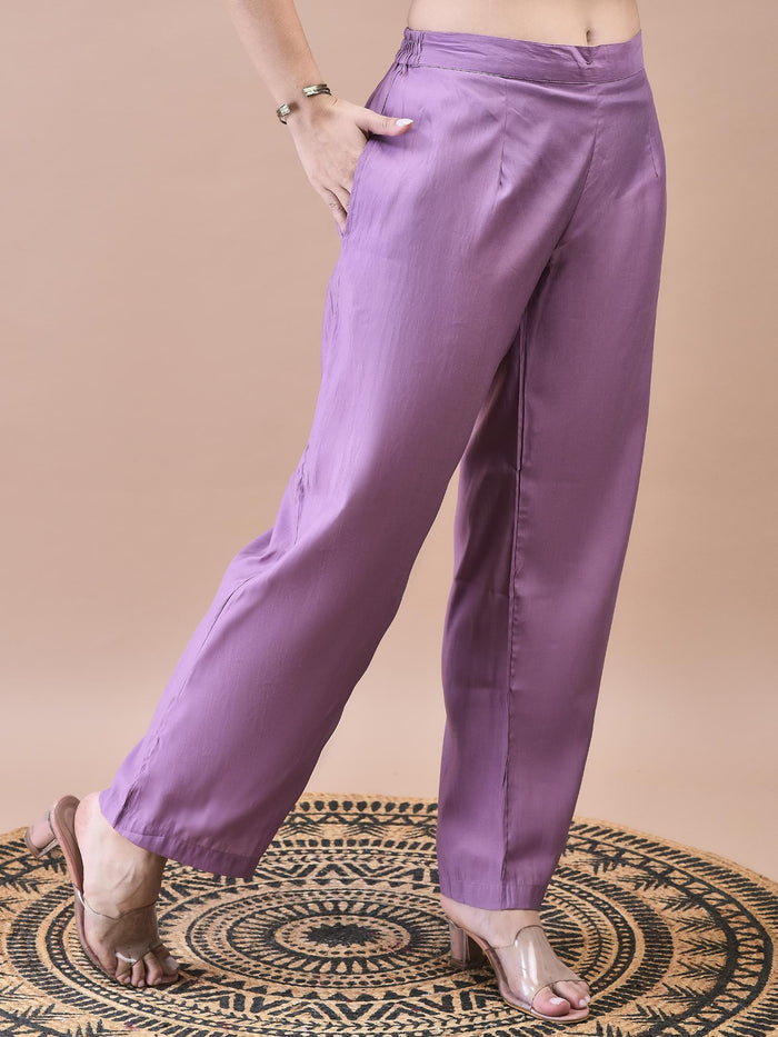 Women Poly Viscose Purple Embroidered Kurta Comfort Pant Chanderi Dupatta.