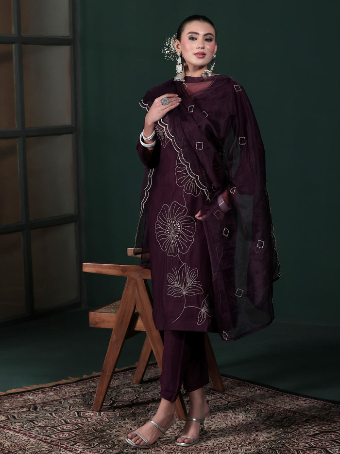 Women Poly Viscose Purple Embroidered Kurta Comfort Pant Dupatta.