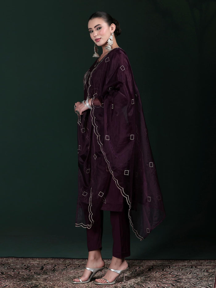 Women Poly Viscose Purple Embroidered Kurta Comfort Pant Dupatta.