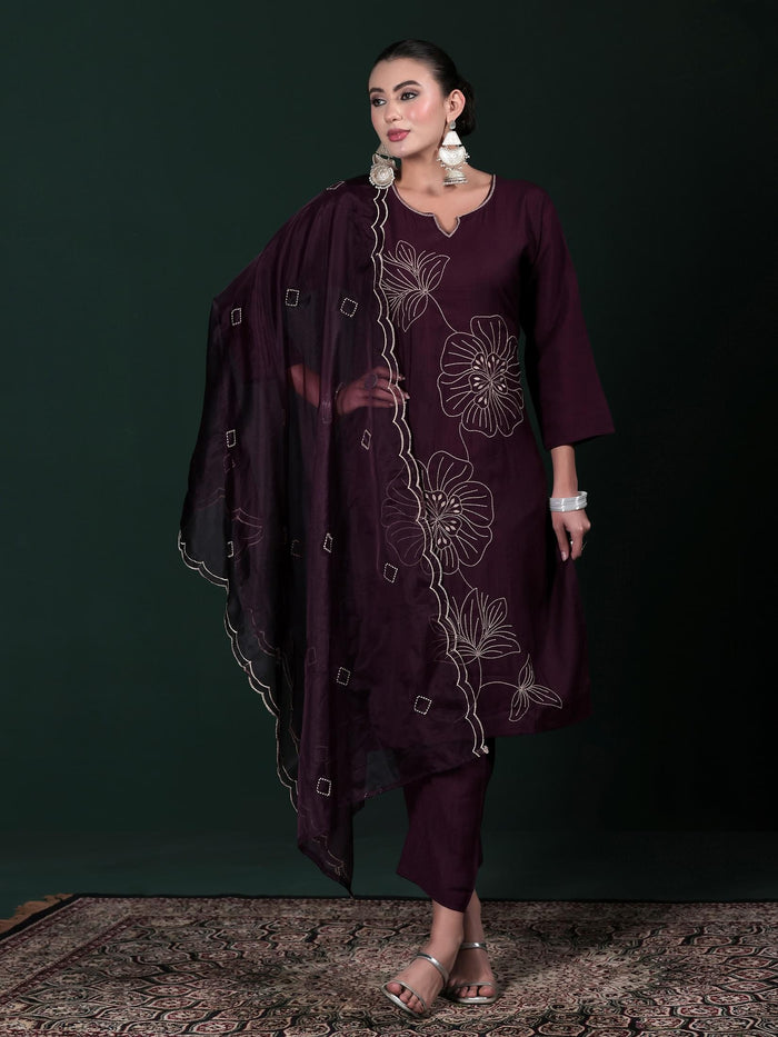 Women Poly Viscose Purple Embroidered Kurta Comfort Pant Dupatta.