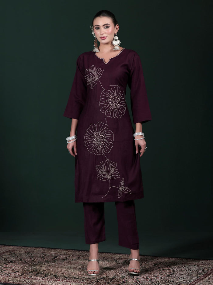 Women Poly Viscose Purple Embroidered Kurta Comfort Pant Dupatta.