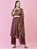 Women Poly Viscose Purple Floral Print Kurta Trouser Dupatta.