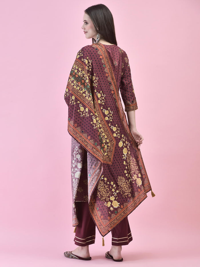 Women Poly Viscose Purple Floral Print Kurta Trouser Dupatta.