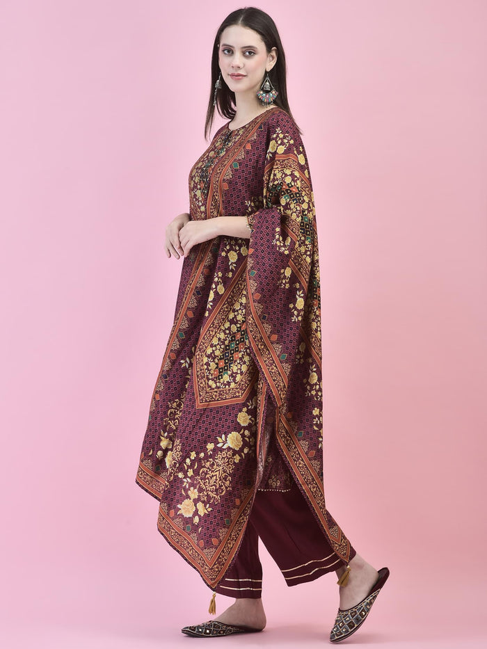 Women Poly Viscose Purple Floral Print Kurta Trouser Dupatta.