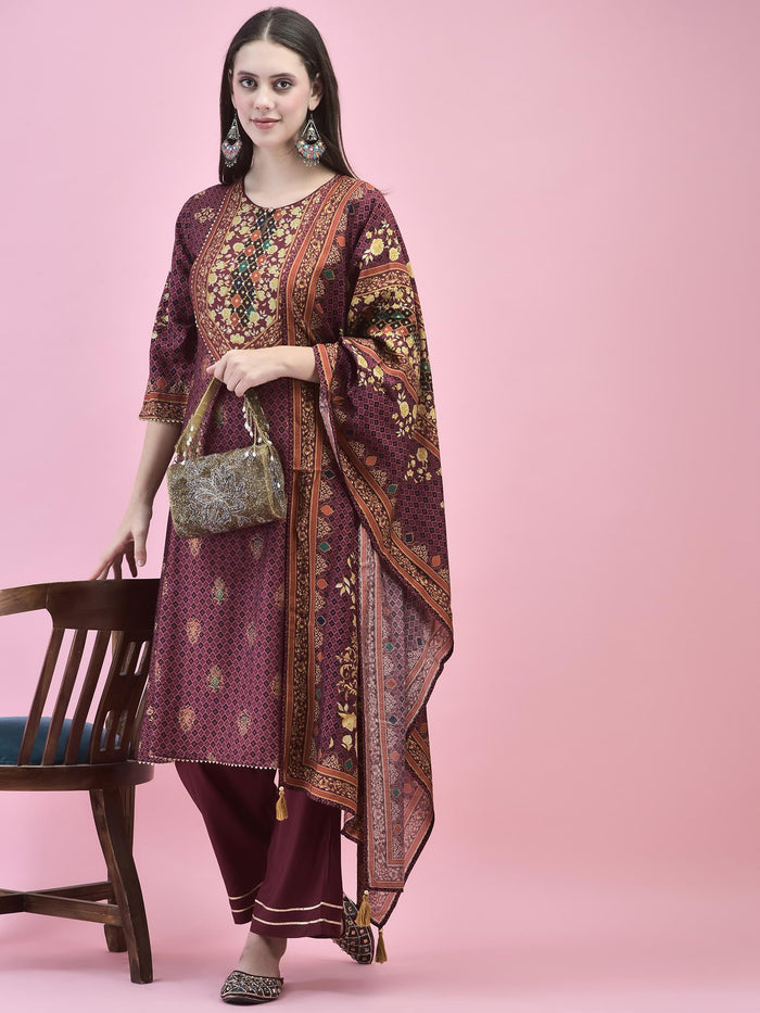 Women Poly Viscose Purple Floral Print Kurta Trouser Dupatta.