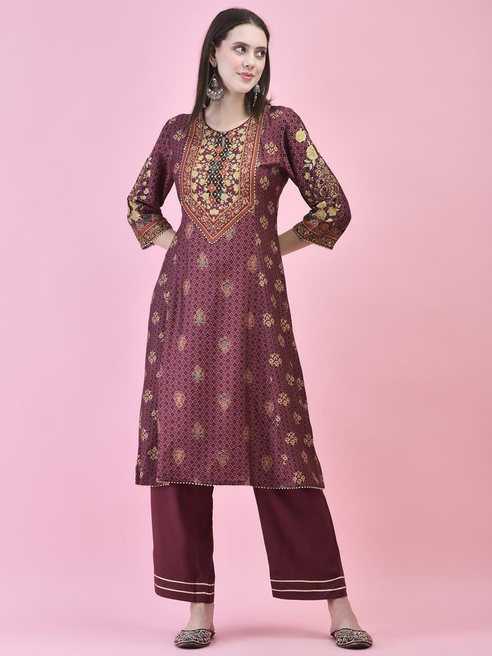 Women Poly Viscose Purple Floral Print Kurta Trouser Dupatta.