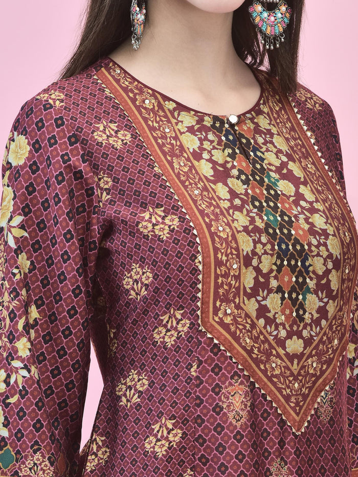 Women Poly Viscose Purple Floral Print Kurta Trouser Dupatta.