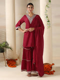 Women Poly Viscose Red Solid Kurta Sharara Dupatta.