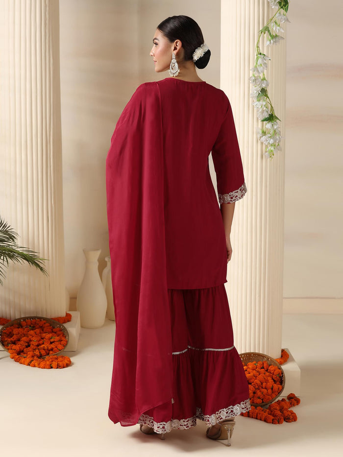 Women Poly Viscose Red Solid Kurta Sharara Dupatta.