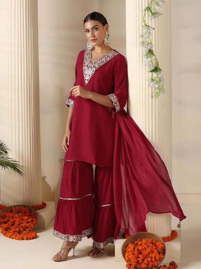 Women Poly Viscose Red Solid Kurta Sharara Dupatta.
