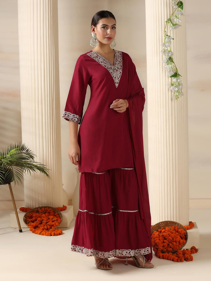 Women Poly Viscose Red Solid Kurta Sharara Dupatta.