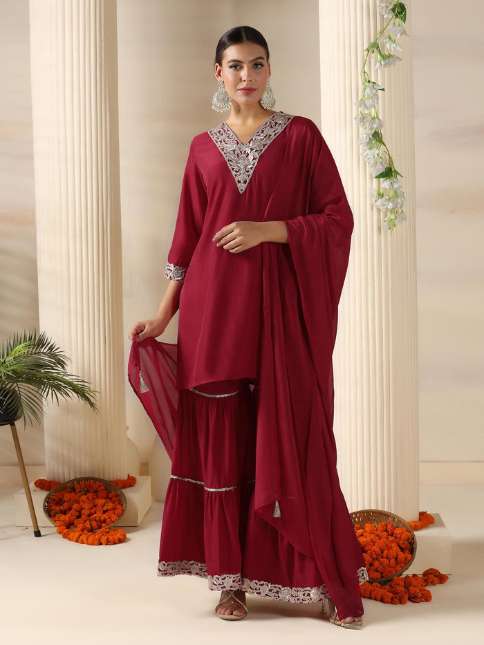 Women Poly Viscose Red Solid Kurta Sharara Dupatta.