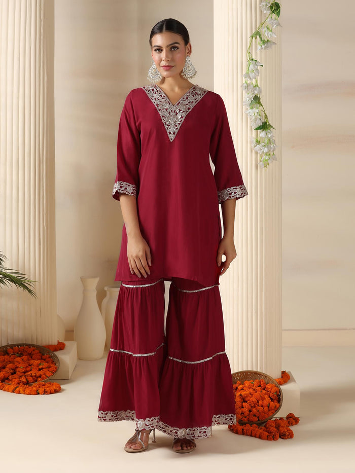 Women Poly Viscose Red Solid Kurta Sharara Dupatta.