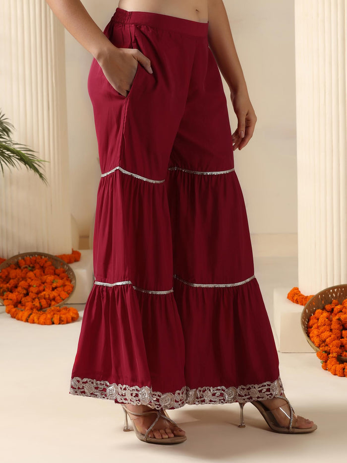 Women Poly Viscose Red Solid Kurta Sharara Dupatta.
