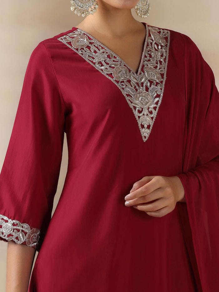 Women Poly Viscose Red Solid Kurta Sharara Dupatta.