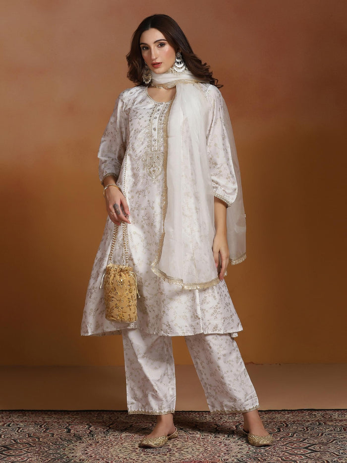 Women Poly Viscose Slub Off White Embroidered Kurta Comfort Pant Dupatta.