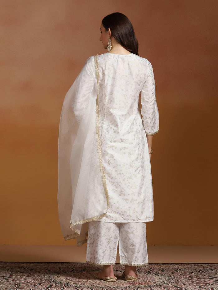Women Poly Viscose Slub Off White Embroidered Kurta Comfort Pant Dupatta.