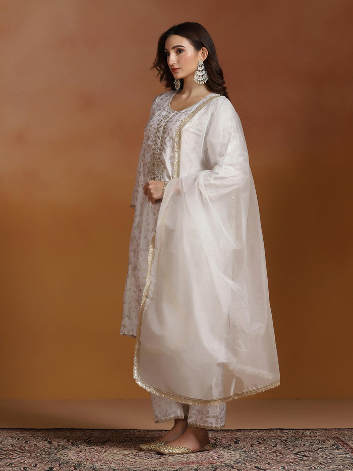 Women Poly Viscose Slub Off White Embroidered Kurta Comfort Pant Dupatta.