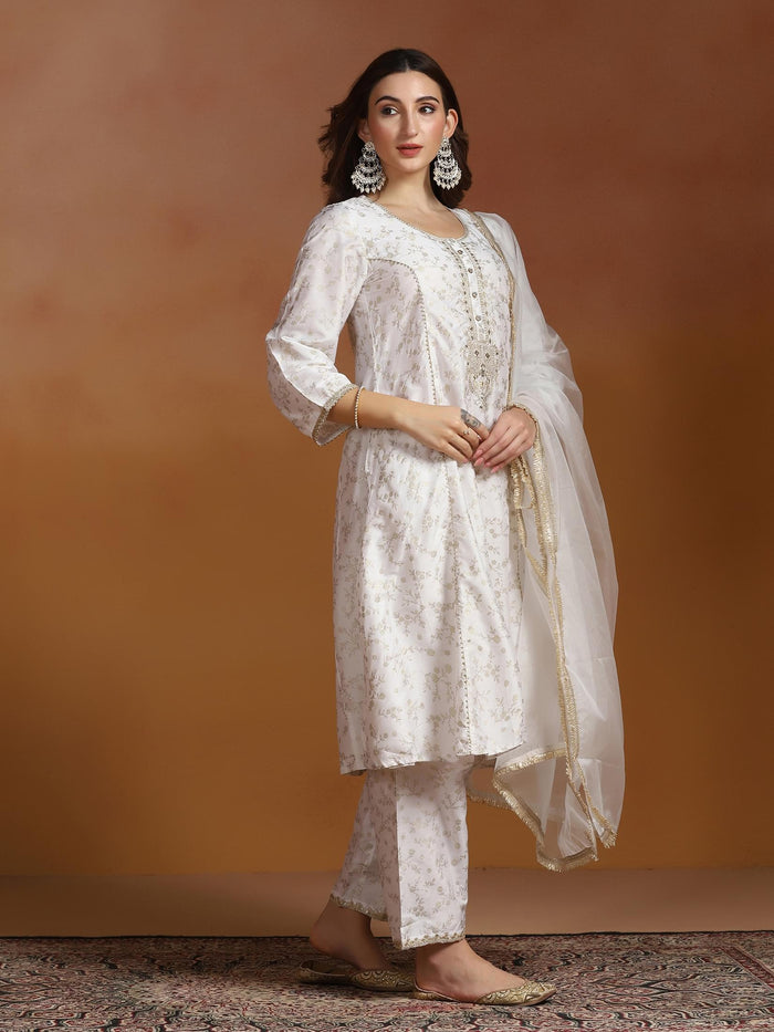 Women Poly Viscose Slub Off White Embroidered Kurta Comfort Pant Dupatta.