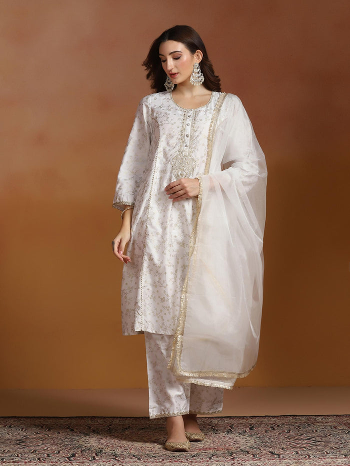 Women Poly Viscose Slub Off White Embroidered Kurta Comfort Pant Dupatta.