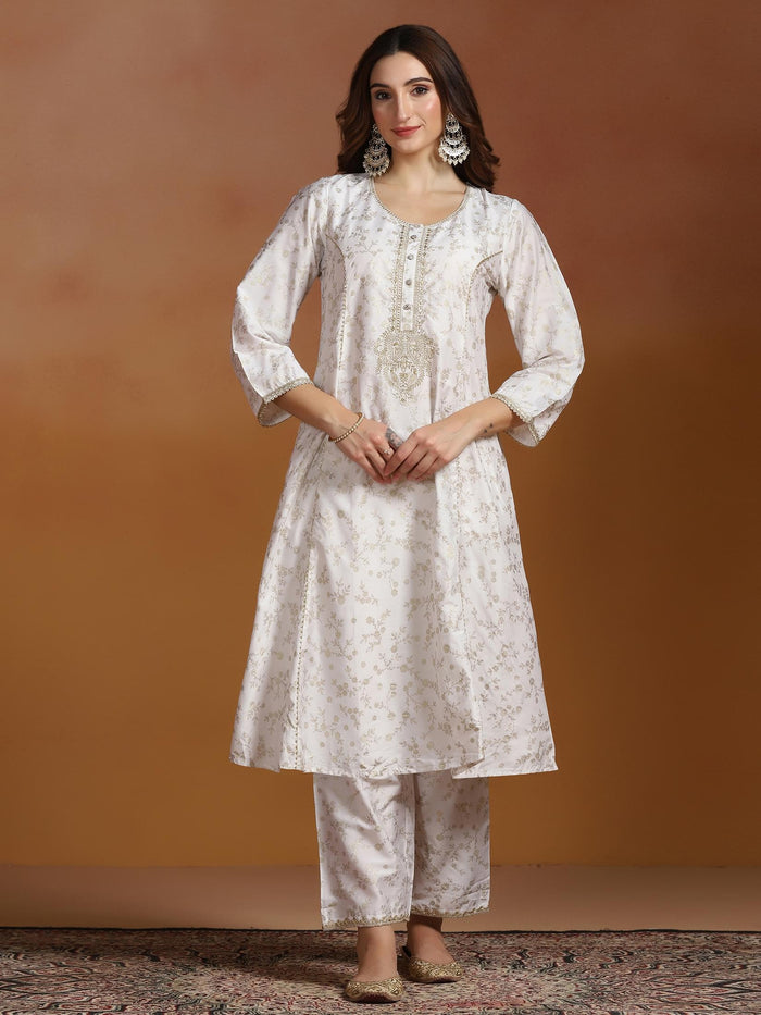 Women Poly Viscose Slub Off White Embroidered Kurta Comfort Pant Dupatta.