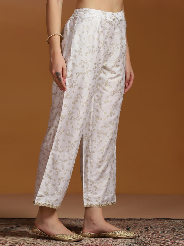 Women Poly Viscose Slub Off White Embroidered Kurta Comfort Pant Dupatta.