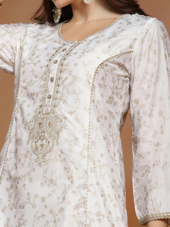 Women Poly Viscose Slub Off White Embroidered Kurta Comfort Pant Dupatta.