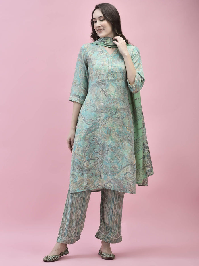 Women Poly Viscose Teal Paisley Kurta Comfort Pant Dupatta.