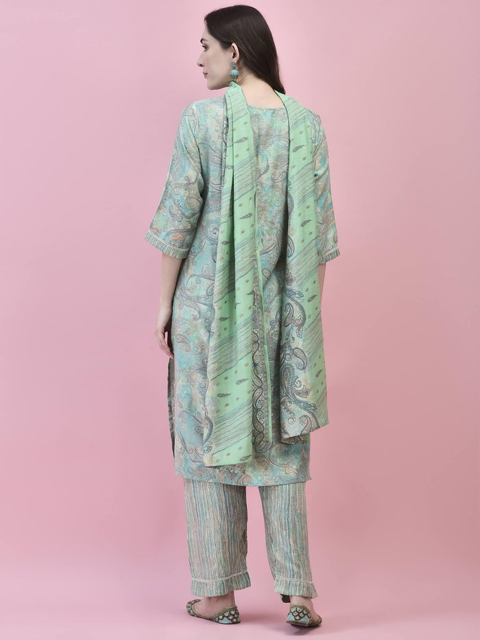 Women Poly Viscose Teal Paisley Kurta Comfort Pant Dupatta.