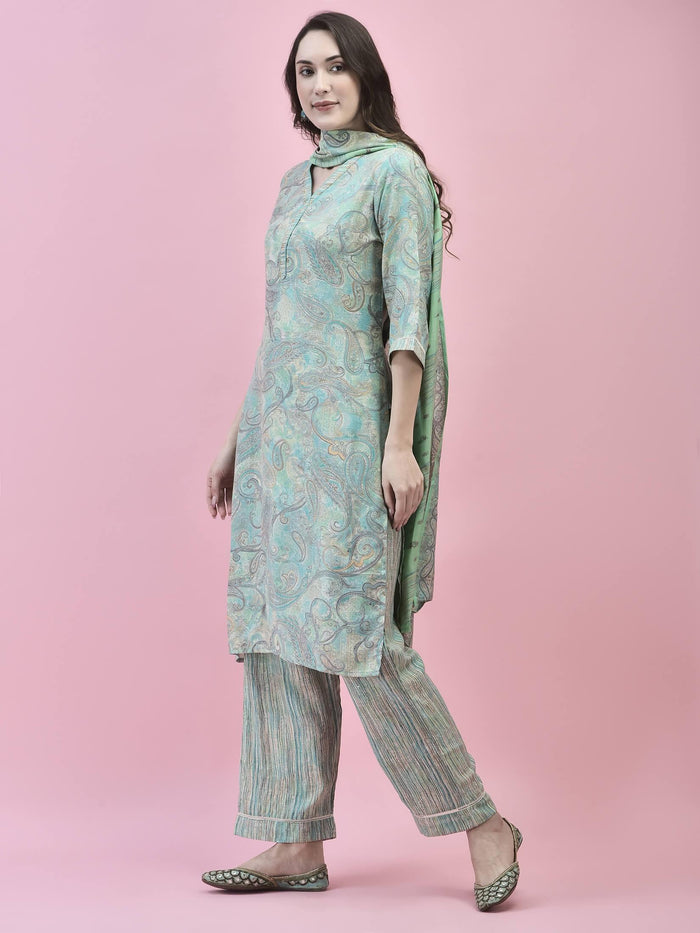 Women Poly Viscose Teal Paisley Kurta Comfort Pant Dupatta.