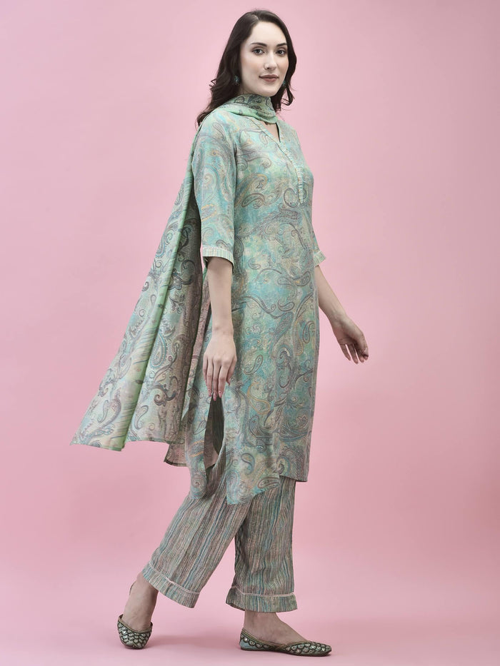 Women Poly Viscose Teal Paisley Kurta Comfort Pant Dupatta.