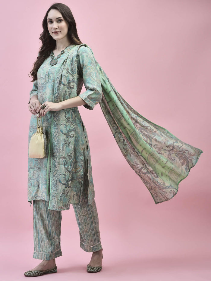Women Poly Viscose Teal Paisley Kurta Comfort Pant Dupatta.